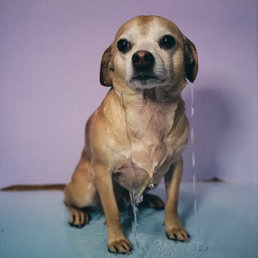 A small dog mid-bath, coat wet